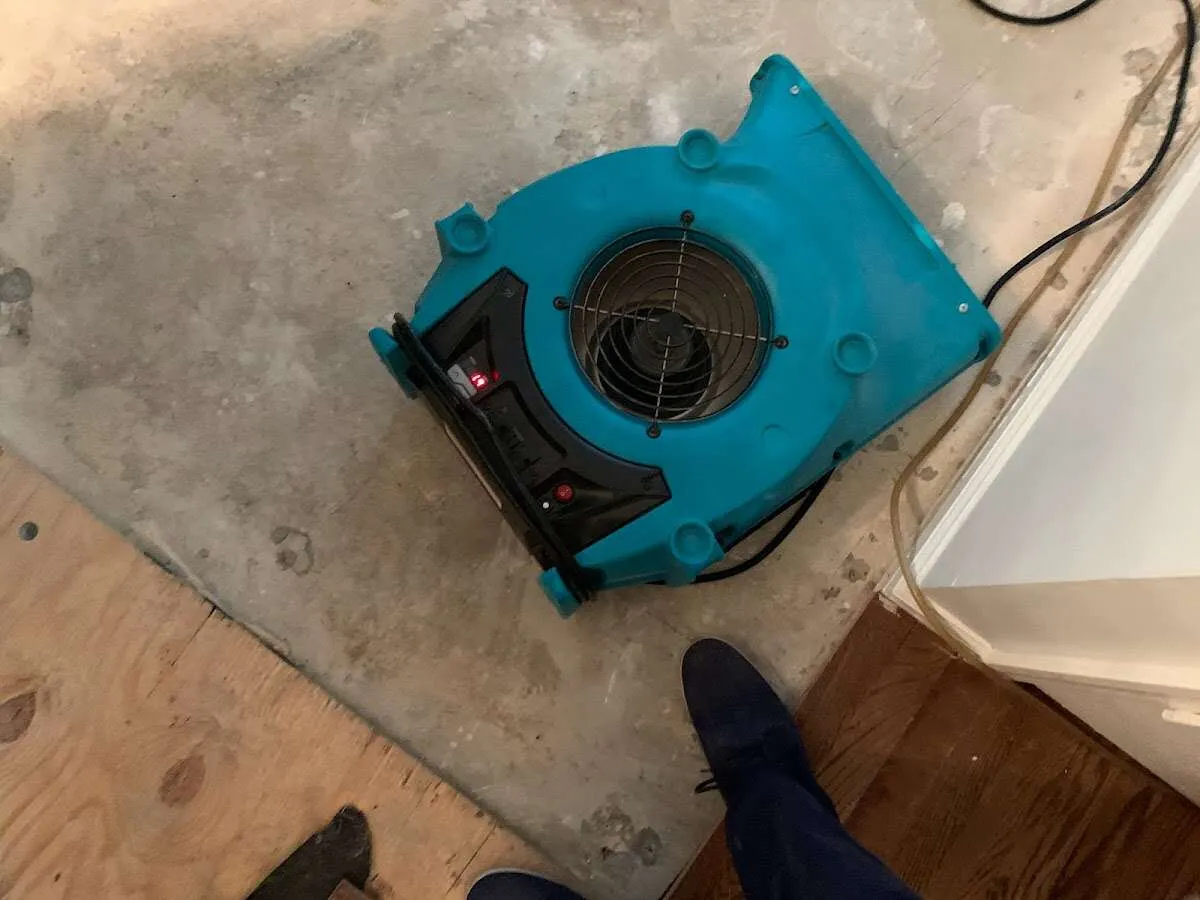 Air mover drying subfloor during Leak Detection & Repair in Carlisle